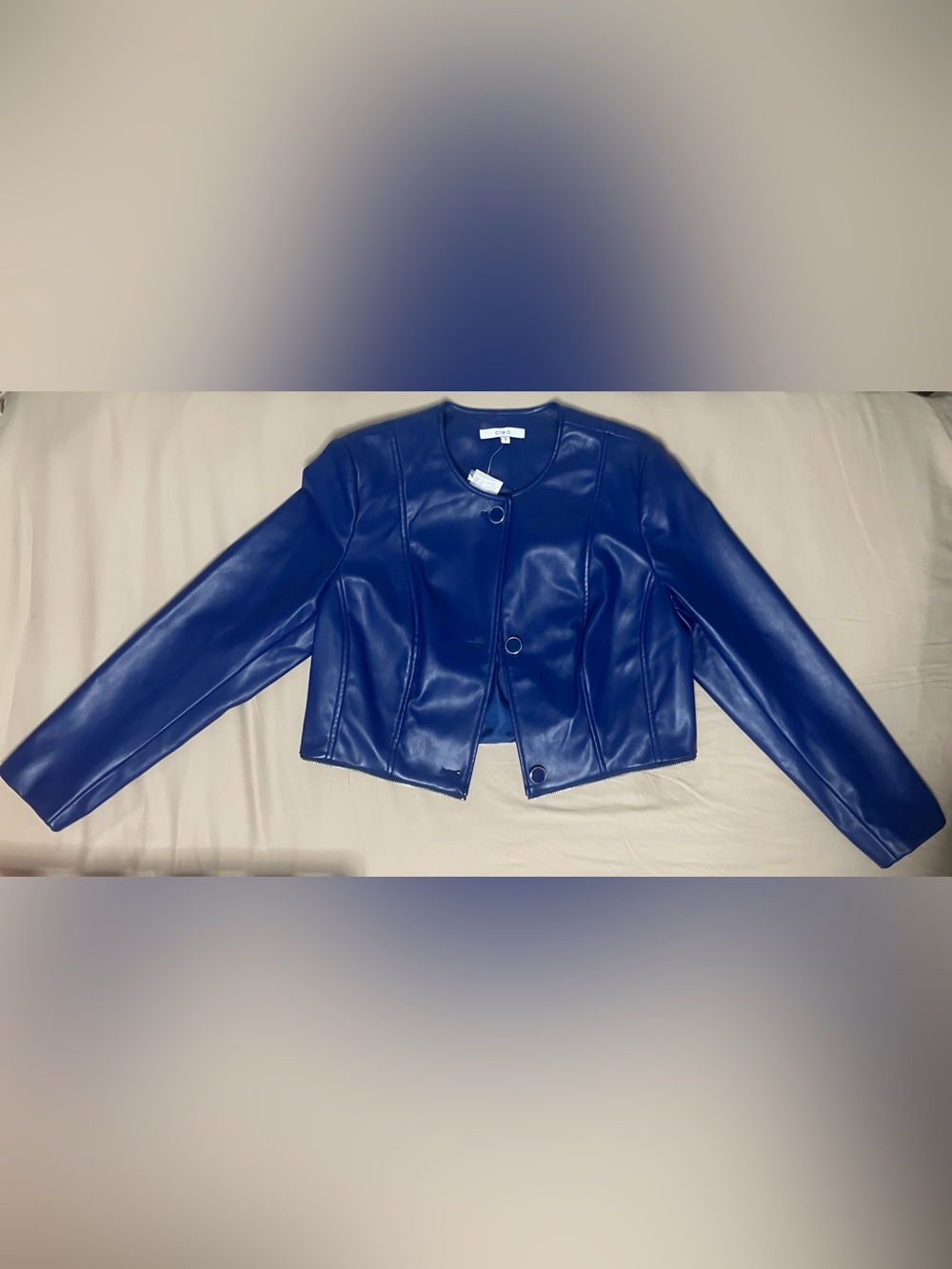 Cleo Cobalt Blue Vegan Leather Moto Peplum Jacket – Removable Hem – Size L – NWT